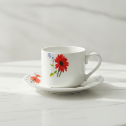 Порцеланов комплект от 6 чаши за капучино и чай с чинийки Morello с флорален мотив червени цветя