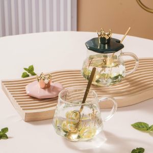 стъклена чаша с капак и лъжичка PINK & GREEN CROWN