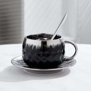 чаша, чинийка, лъжичка EMBOSSED GREEN, BLACK, WHITE & SILVER