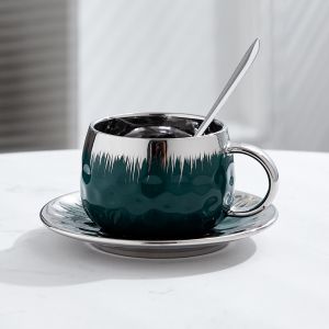 чаша, чинийка, лъжичка EMBOSSED GREEN, BLACK, WHITE & SILVER