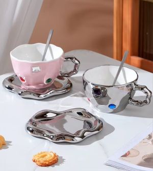 чаша, чинийка, лъжичка WHITE, PINK & SILVER PEBBLE