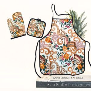 кухненска престилка, ръкавица и ръкохватка оранжево цвете