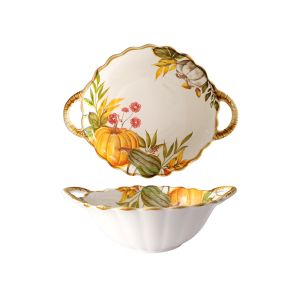 керамична купа с дръжки за салата и плодове 24,8 см 1170 мл Natasha с декор тикви