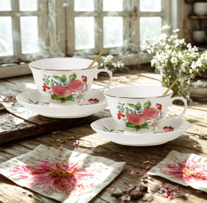 две Чаши 250 мл, 2 чинийки, 2 лъжички Ябълки - порцелан с подаръчна кутия