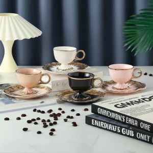 чаша 170 мл с чинийка Бяла, Черна, Розова, Бежова - порцелан