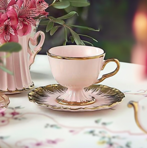 чаша 170 мл с чинийка Бяла, Черна, Розова, Бежова - порцелан