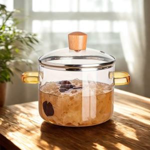 огнеупорна стъклена тенджера 1,8 л с кехлибарени дръжки