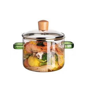 огнеупорна стъклена тенджера 1,8 л със зелени дръжки