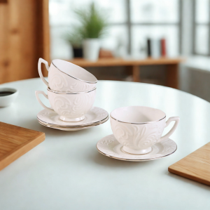 комплект за капучино или чай 220 мл: 6 чаши и 6 чинийки Gold - порцелан