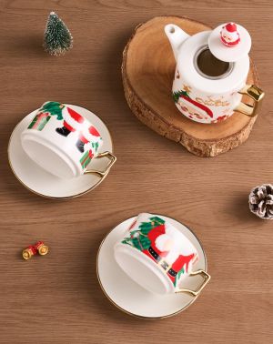 коледен комплект 2 чаши и кана за чай със златни орнаменти Santa Christmas