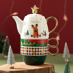 коледен комплект 2 чаши, кана за чай с цедка