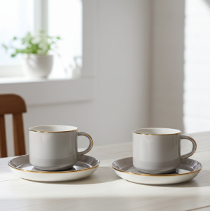 комплект за двама: 2 чаши 200 мл с 2 чинийки Modern Gray