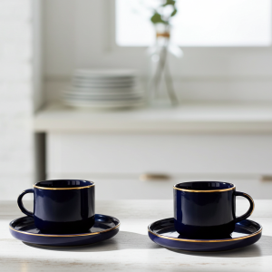 комплект за двама: 2 чаши 200 мл с 2 чинийки Modern Blue - порцелан