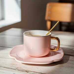 чаша за кафе/ капучино, чинийка и лъжичка Розова Детелина - порцелан