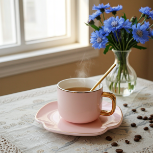 чаша за кафе/ капучино, чинийка и лъжичка Розова Детелина - порцелан