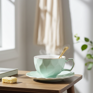 чаша за кафе, капучино или чай, чинийка, лъжичка Fresh Nordic Green - нежен и лек порцелан