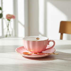 чаша за капучино или чай 200 мл, чинийка, лъжичка Pink Crown