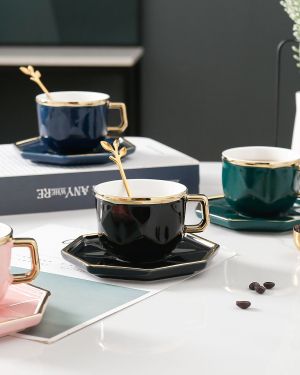 чаша за кафе/ капучино, чинийка и лъжичка Черен Диамант - порцелан