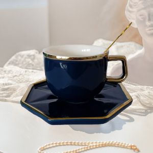 чаша за кафе/ капучино, чинийка и лъжичка Син Диамант - порцелан