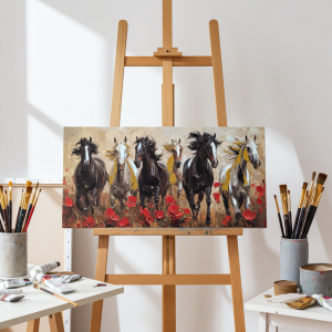 картина Бягащи коне и макове 80 х 40 см