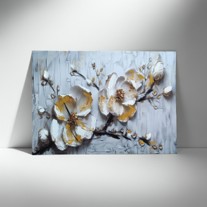 картина с Бели 3D цветя, канава с ръчно рисувани детайли 70 х 50 см
