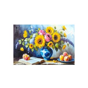 картина с ваза и слънчогледи, канава с ръчно рисувани детайли 60 х 40 см