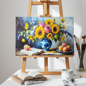 картина с ваза и слънчогледи, канава с ръчно рисувани детайли 60 х 40 см