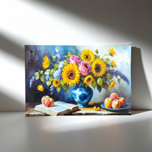 картина с ваза и слънчогледи, канава с ръчно рисувани детайли 60 х 40 см