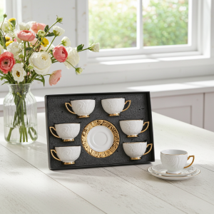 комплект за кафе 120 мл: 6 чаши и 6 чинийки Gold - порцелан