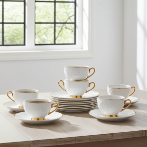 комплект за кафе 120 мл: 6 чаши и 6 чинийки White & Gold - порцелан