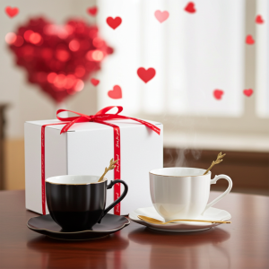 Комплект за двама: 2 чаши, 2 чинийки, 2 лъжички White & Black в подаръчна кутия