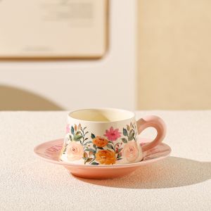 чаша с чинийка Morello, розова с цветя - порцелан