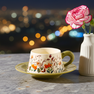 чаша с чинийка Morello, зелена с цветя - порцелан