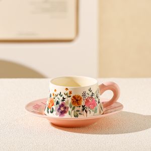 чаша с чинийка Morello, розова с цветя - порцелан