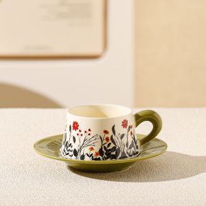 чаша с чинийка Morello, зелена с цветя - порцелан