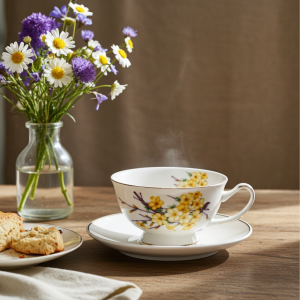 Порцеланов комплект за чай и кафе Morello – Жълта Пролет (Чаша, Чинийка и Златна Лъжичка)