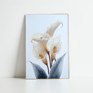 Декоративно пано с бели кали и 3D кристални капки роса, ПДЧ основа и златна рамка от liv.bg