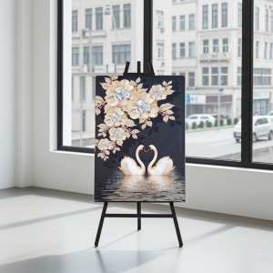 Луксозно 3D пано с лебеди и златни цветя, инкрустирани кристали, 50х70 см, внос от liv.bg