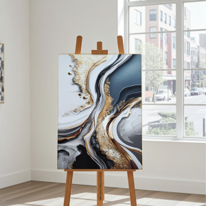 абстрактно пано злато, акрилно стъкло картина, модерна декорация 50x70, луксозно пано Morello, златна алуминиева рамка, liv.bg интериорни пана.