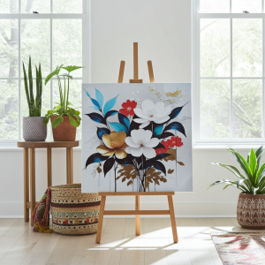 Арт картина върху платно Morello с бели и златни цветя, опъната върху дървена рамка, 60х60 см от вносител liv.bg