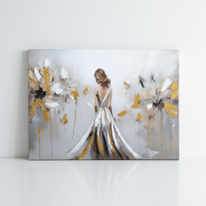 Ръчно рисувана арт картина върху канава с дама в златна рокля, 3D релефни детайли, върху дървена подрамка, 50х70 см от liv.bg