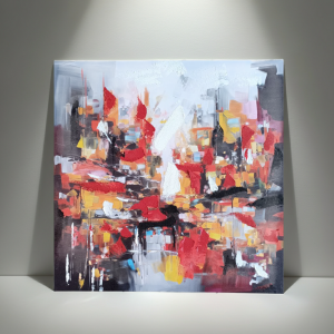 Ръчно рисувана абстрактна картина Morello върху канава с червени и жълти нюанси, 3D релеф, дървена подрамка, 60х60 см от liv.bg