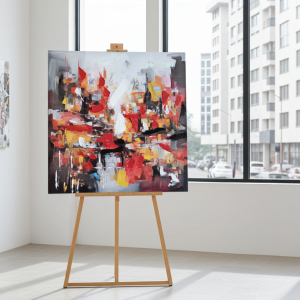 Ръчно рисувана абстрактна картина Morello върху канава с червени и жълти нюанси, 3D релеф, дървена подрамка, 60х60 см от liv.bg