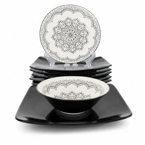 Порцеланов сервиз за хранене Eclipse Mandala 18 части с черни правоъгълни чинии и купички