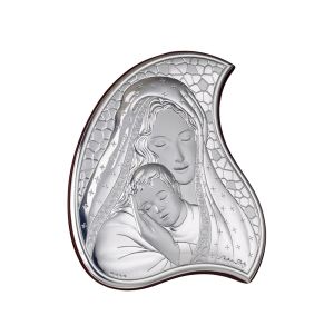 Модерна асиметрична сребърна икона Света Богородица Майчина нежност Sima Creations 13х11 см с мозаечен фон