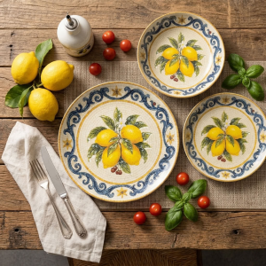 Луксозен керамичен сервиз за хранене Morello Vintage Lemons от 18 части със синьо-златист кант и сицилиански лимони от онлайн магазин liv.bg