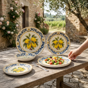Луксозен керамичен сервиз за хранене Morello Vintage Lemons от 18 части със синьо-златист кант и сицилиански лимони от онлайн магазин liv.bg