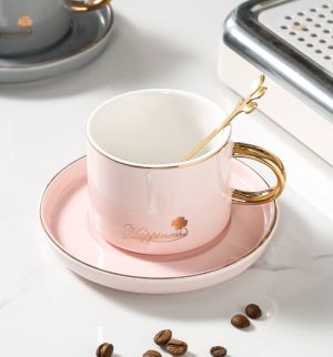 чаша за капучино или чай, чинийка, лъжичка Happiness Pink